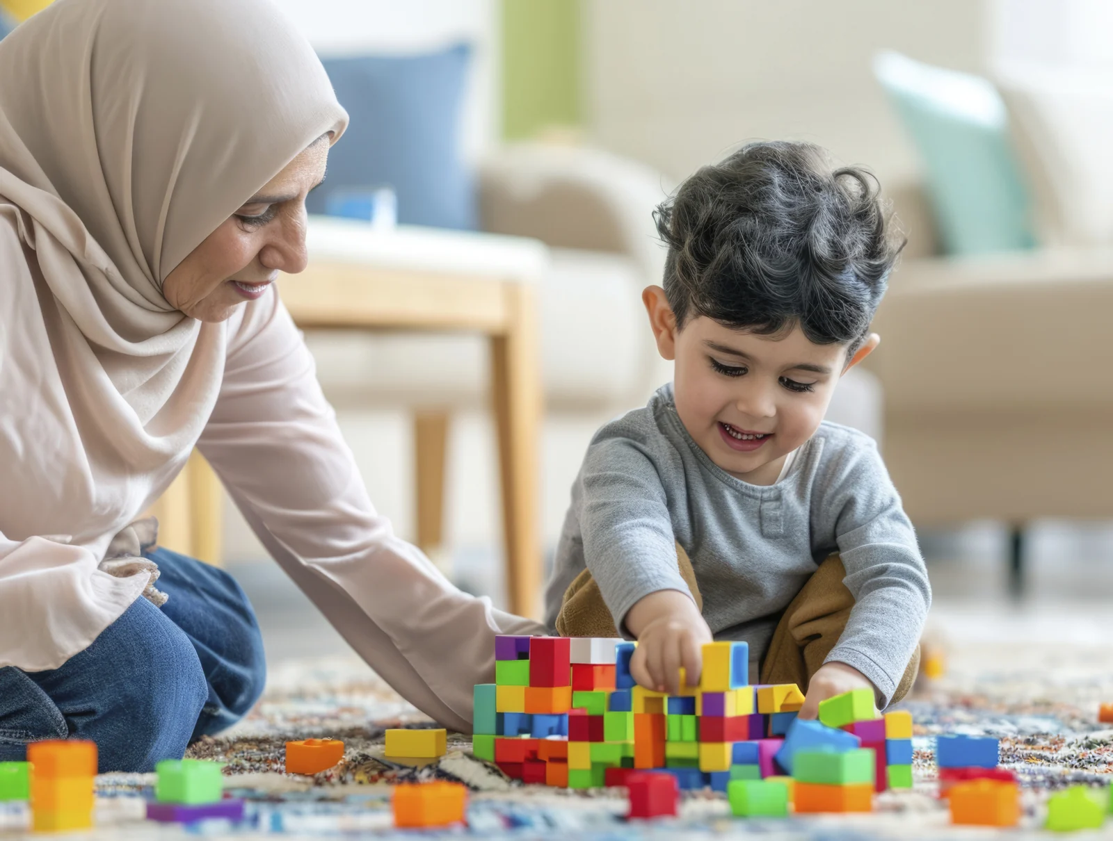 طفل يشارك في نشاط تعليمي مدعوم.